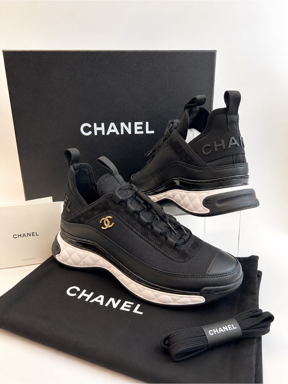Authentic CHANEL CC Logo Black Calfskin Sneakers EU 37.5 New in Box